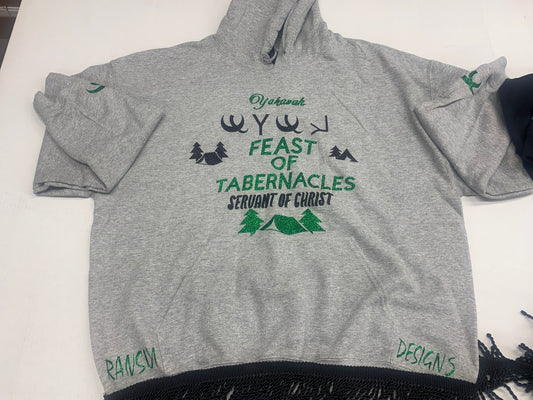Grey hoodie green and black design black fringes